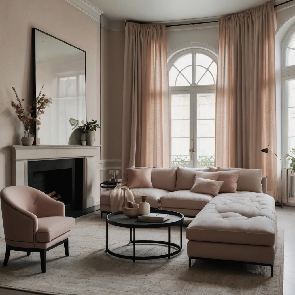 A simple living room with neutral tones, soft pinks, and floral accents. Functional yet stylish decor keeps it elegant.