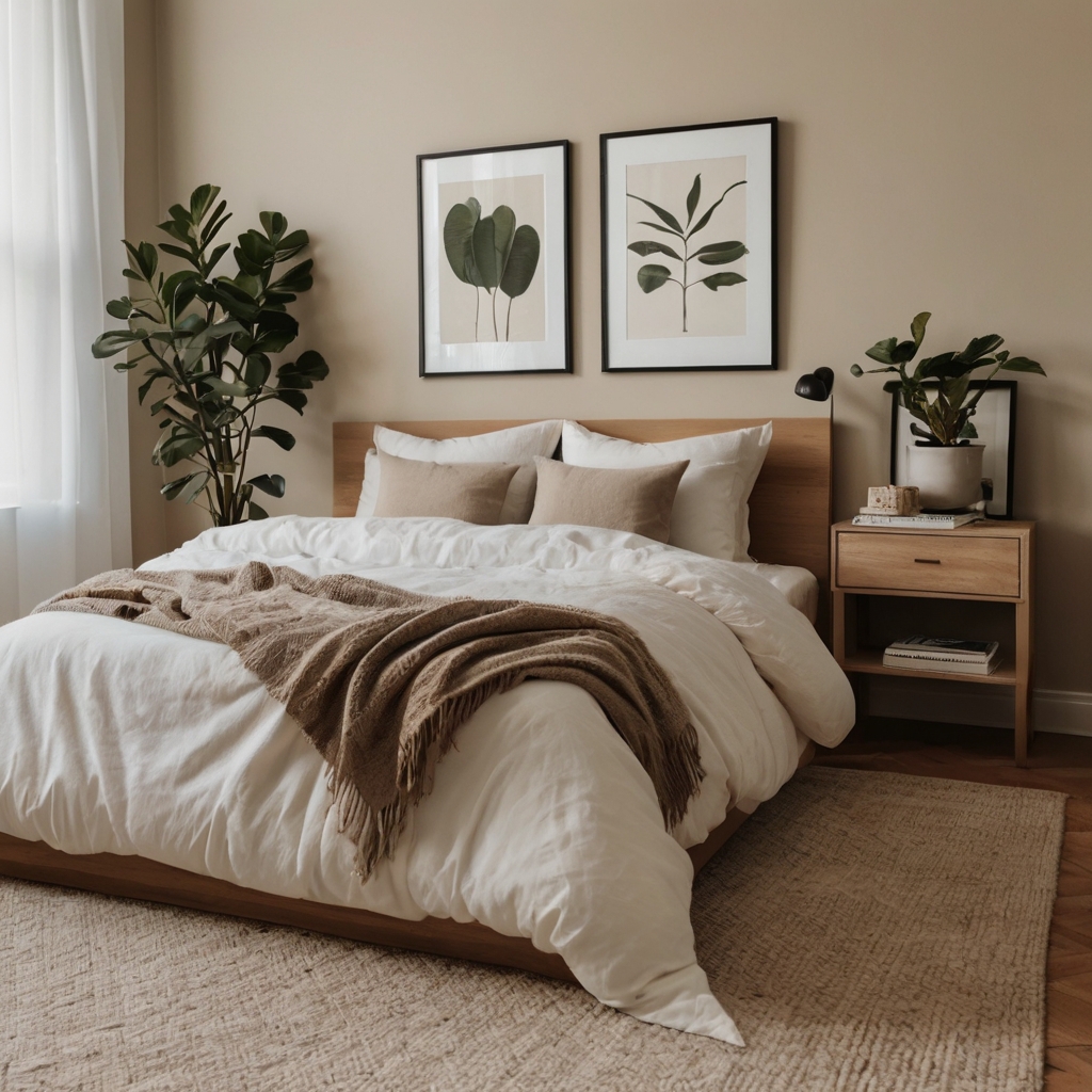 A clutter-free bedroom with neutral decor, sleek furniture, and a calming, airy ambiance.