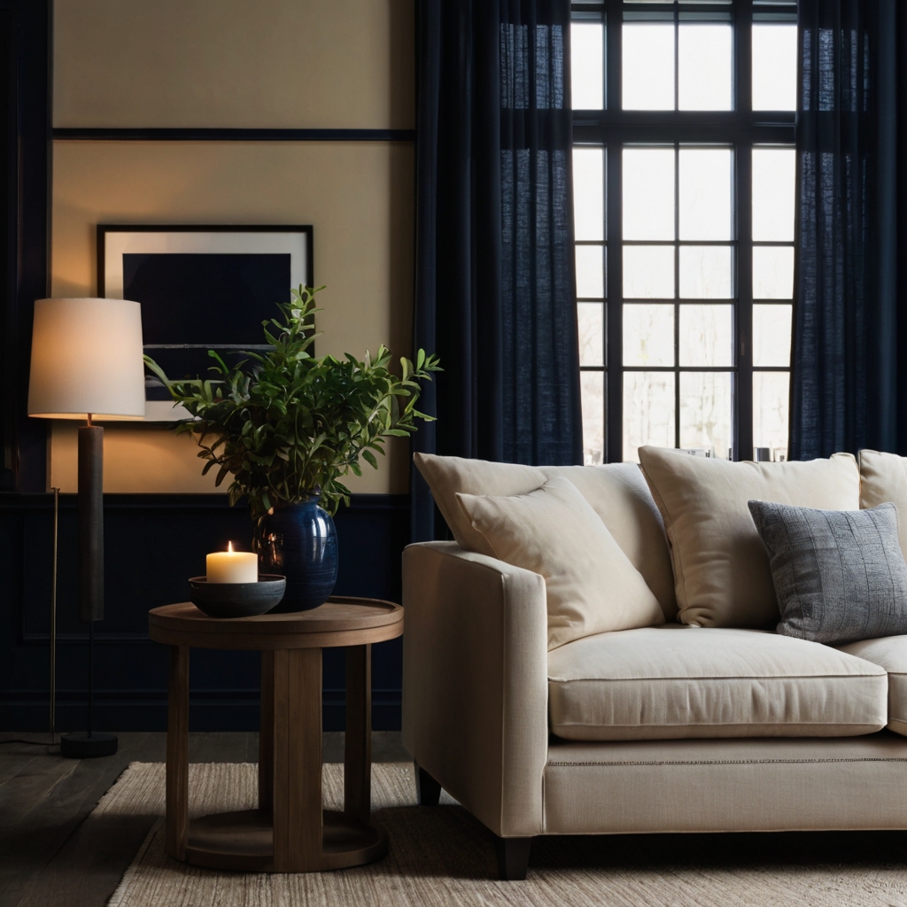 A modern living room with navy walls and soft beige furnishings. Clean lines and warm lighting create a sleek balance.