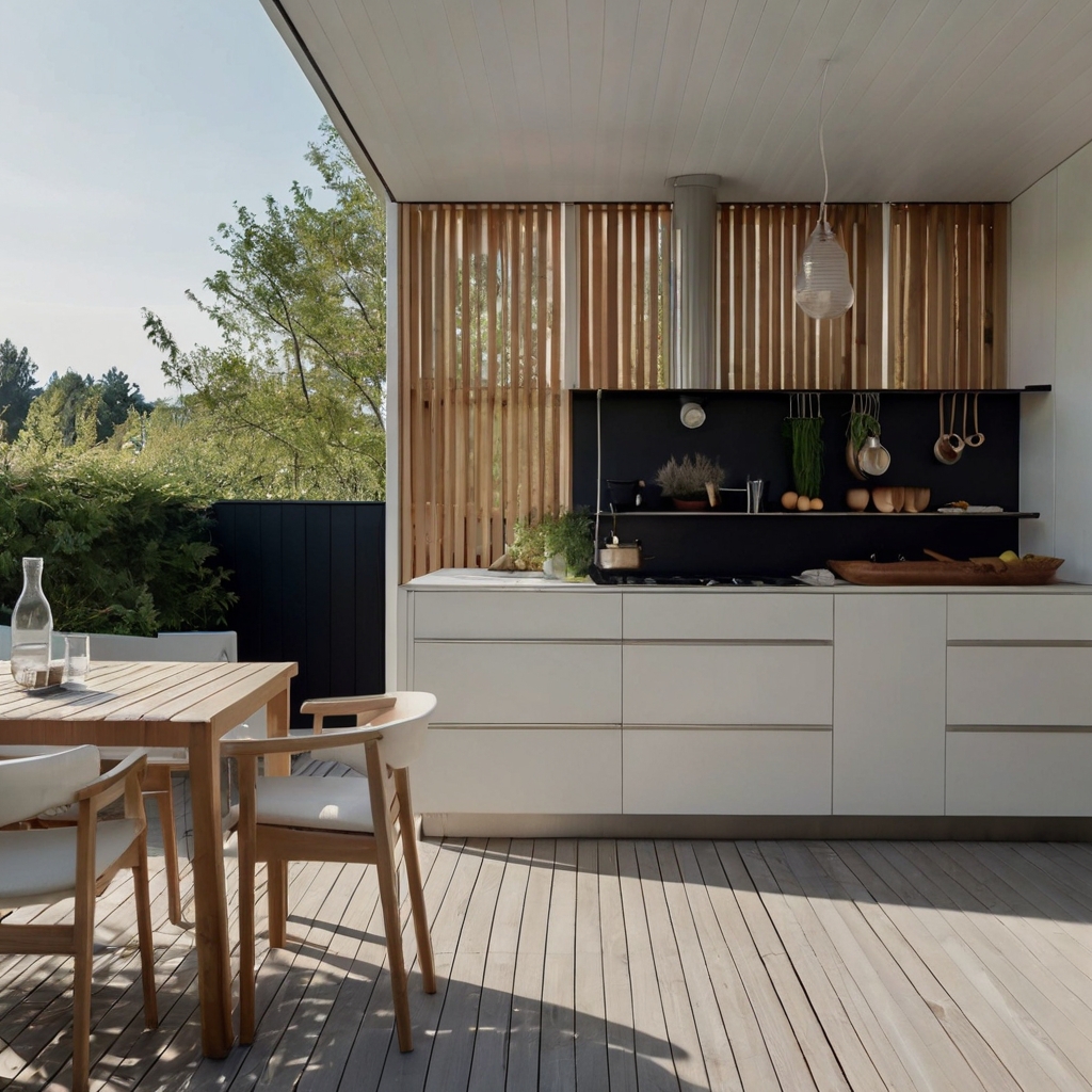 A sleek, white outdoor kitchen with Nordic-inspired clean lines, a modern grill, and natural wood accents. Bright, airy, and stylish.