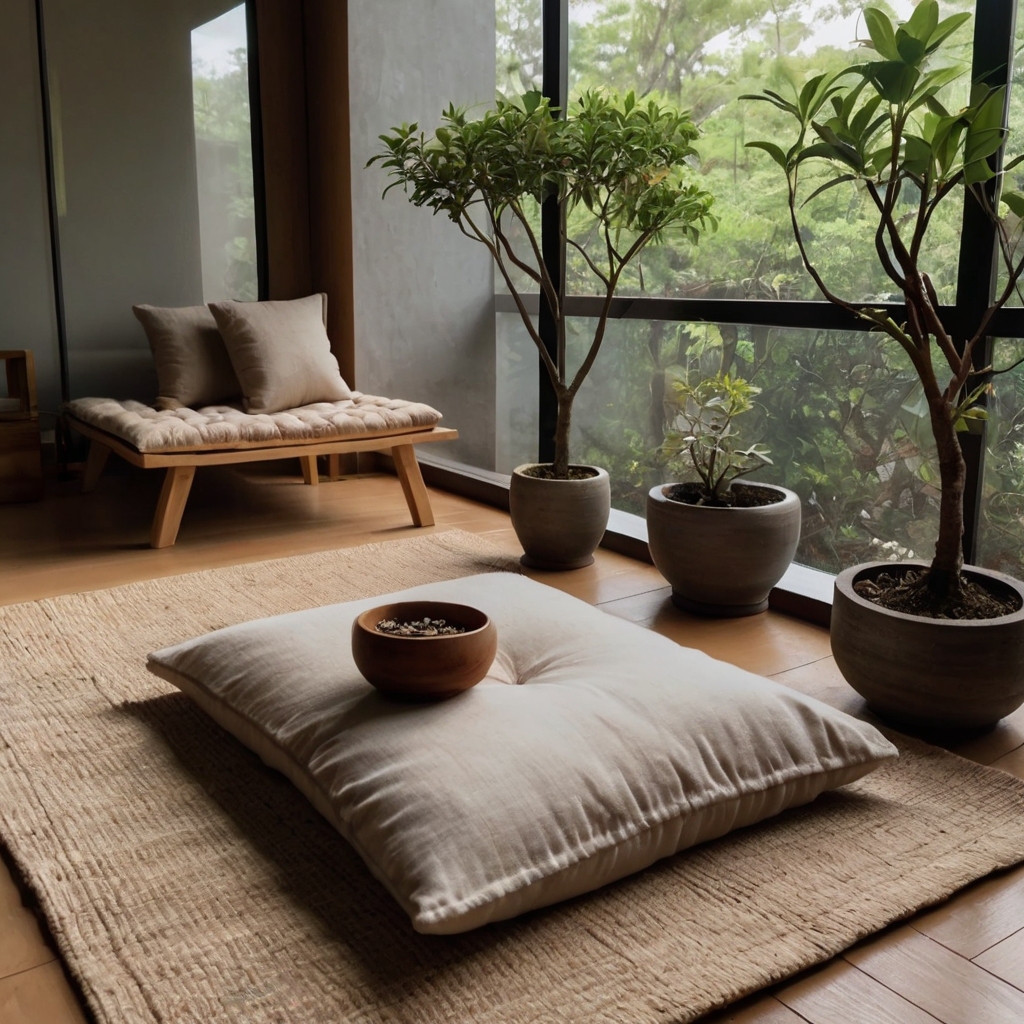 A tranquil Zen-inspired balcony with floor cushions, a low wooden table, and a bonsai tree. Natural textures and soft lighting create a peaceful meditation space.