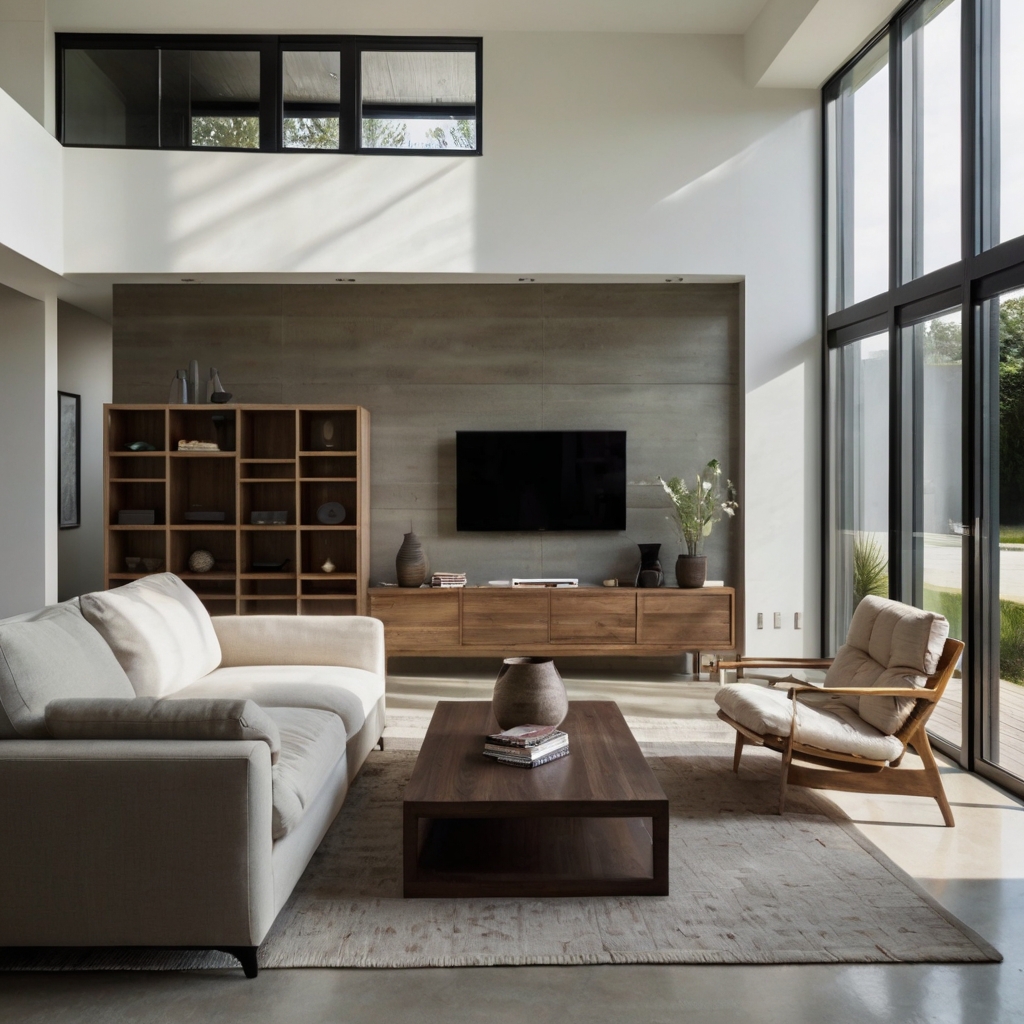 A sleek, airy living room with uncluttered shelves and neutral-toned furniture. Natural light enhances the clean, open aesthetic.