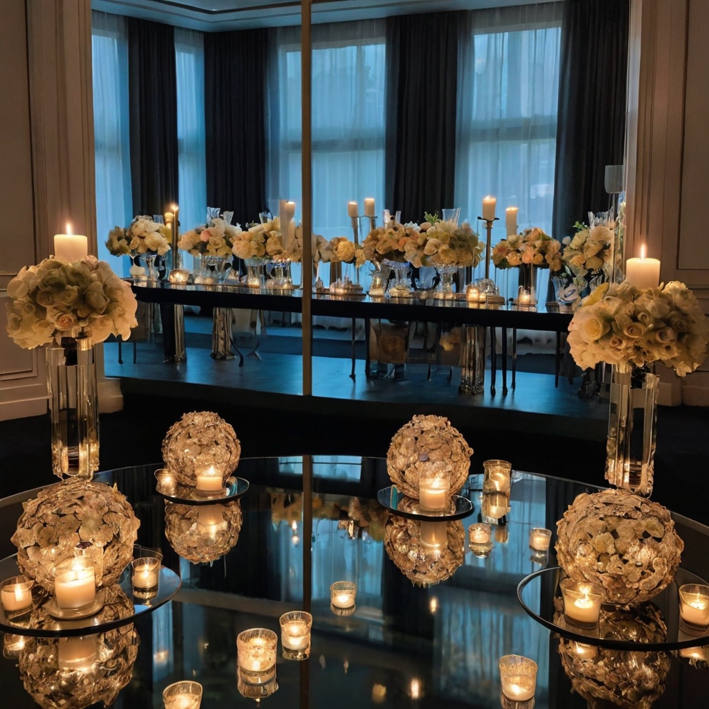 Mirrored bases reflecting candlelight and floral arrangements, enhancing the depth and elegance of the table décor.