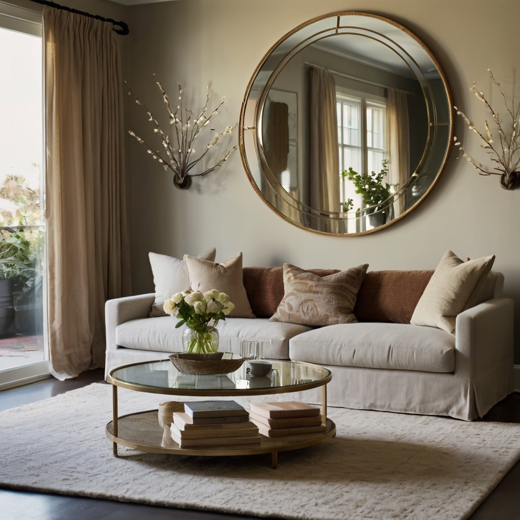 A stylish small sitting area with a large round mirror reflecting light to enhance depth. A mirrored cabinet subtly brightens the space without adding bulk.