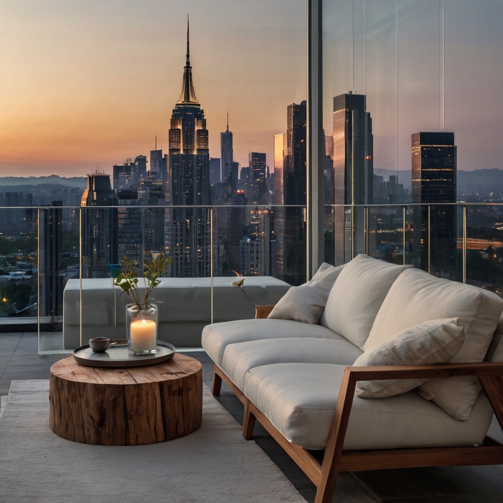 A sleek glass-railed balcony with a white sofa embraces minimalism. Evening reflections on the glass create a dreamy, sophisticated ambiance.