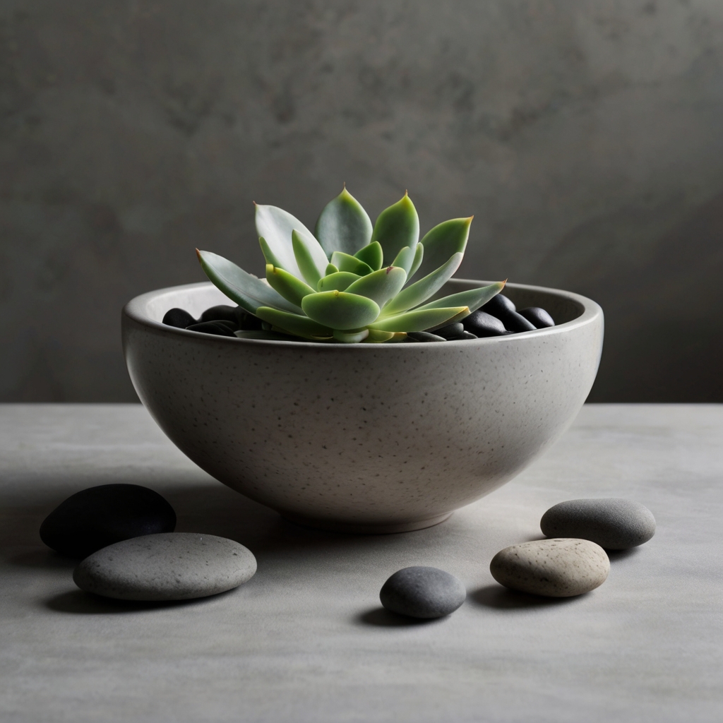 A monochrome ceramic bowl filled with polished pebbles rests on a table. A single candle or succulent adds a calming, Zen touch.