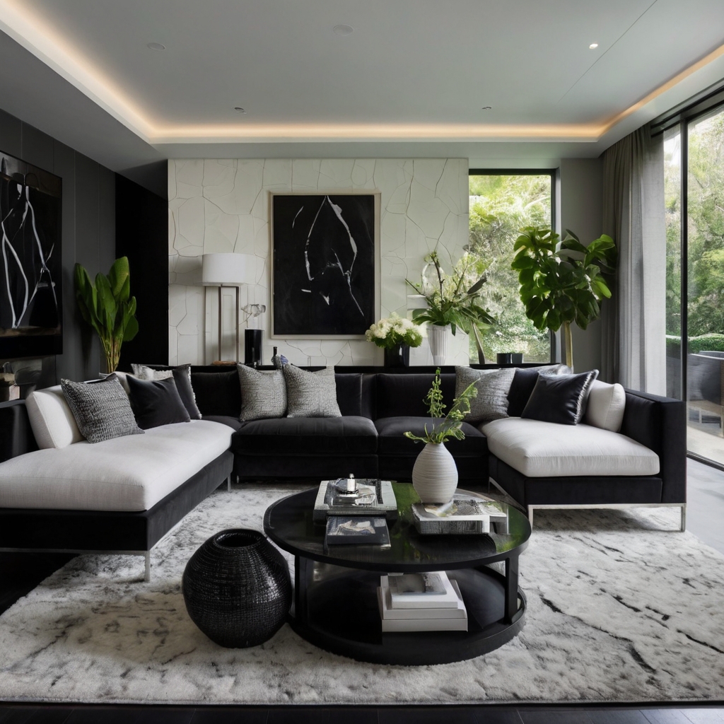 A sleek black-and-white living room exudes timeless elegance with bold contrasts. A modern sectional and abstract decor complete the sophisticated aesthetic.
