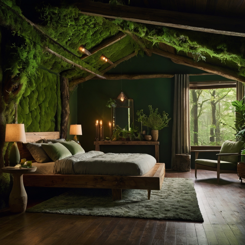 A woodland-inspired bedroom with forest green walls and moss-covered planters. Soft, warm lighting mimics sunlight filtering through a dense canopy.