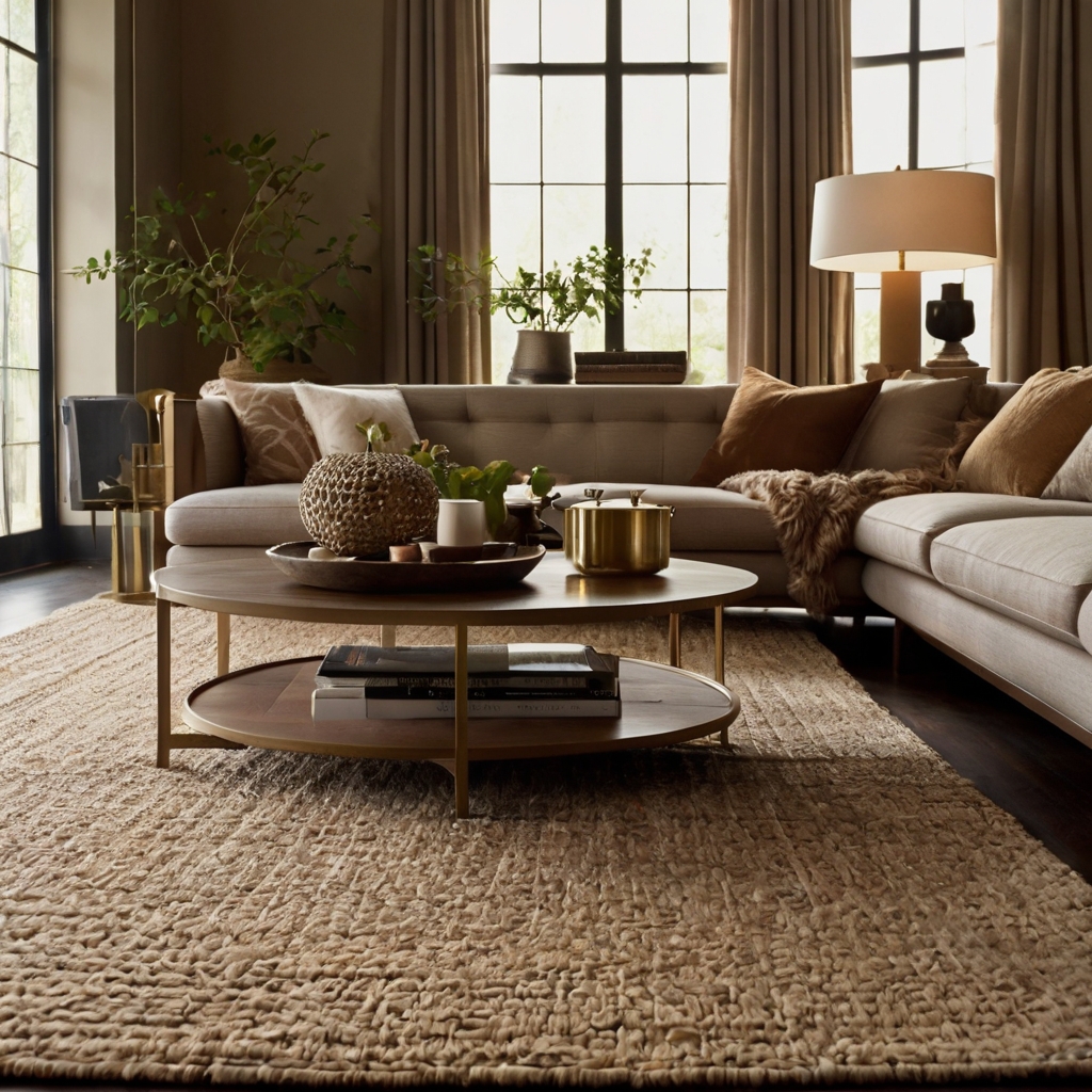 A cozy living room with a plush area rug layered over jute. Soft lighting enhances the rich textures and warm ambiance.