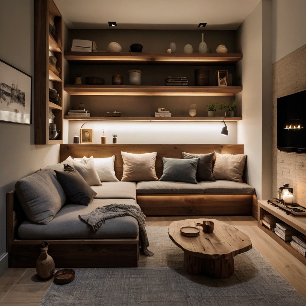 A compact sitting space with a raised wooden platform defining seating and hidden storage beneath. Tiered shelving and warm lighting enhance depth and functionality.