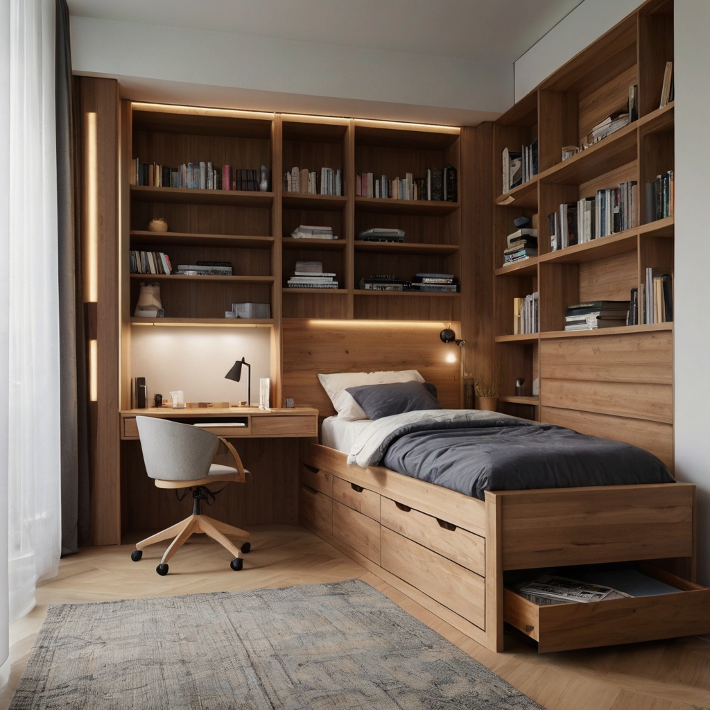 A compact bedroom with a sleek storage bed, foldable desk, and smart organization for a functional space.