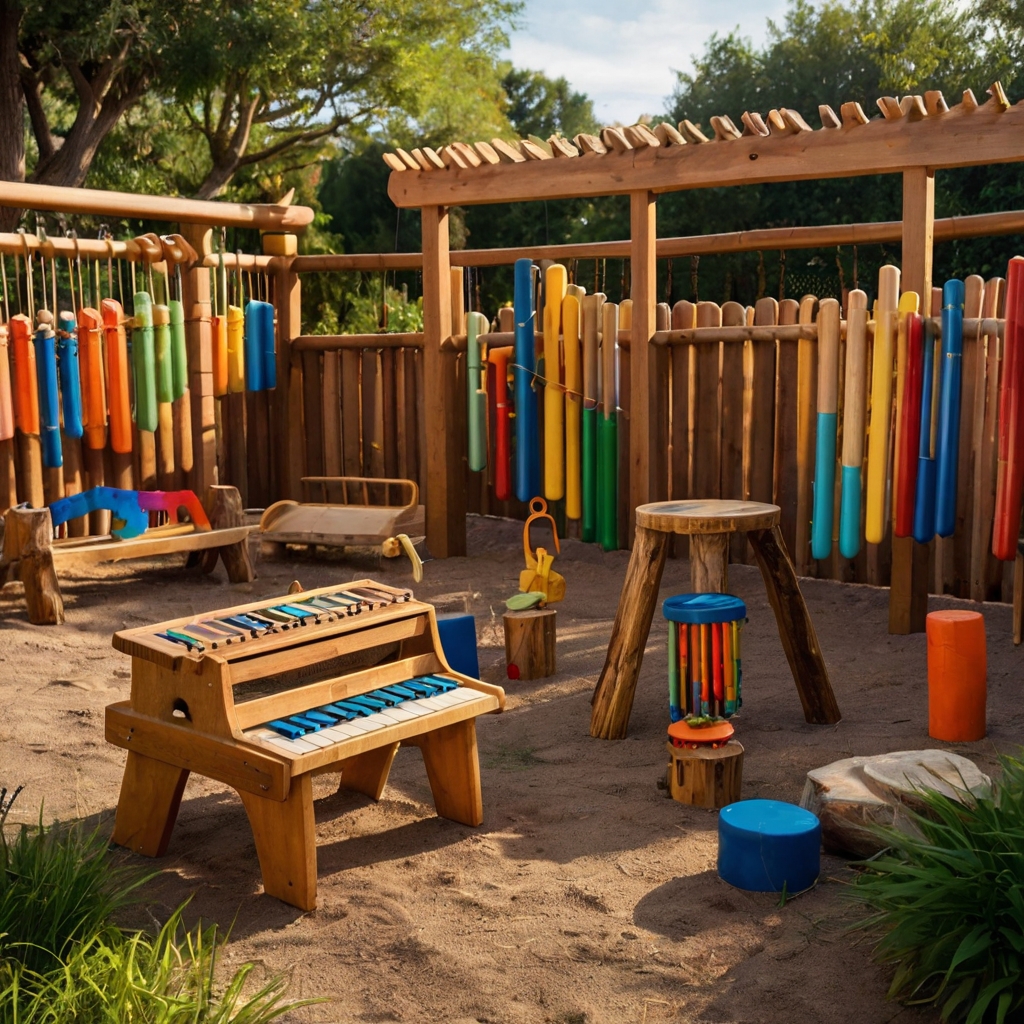 A backyard music station with xylophones, drums, and wind chimes. Kids tap, play, and create joyful outdoor melodies.