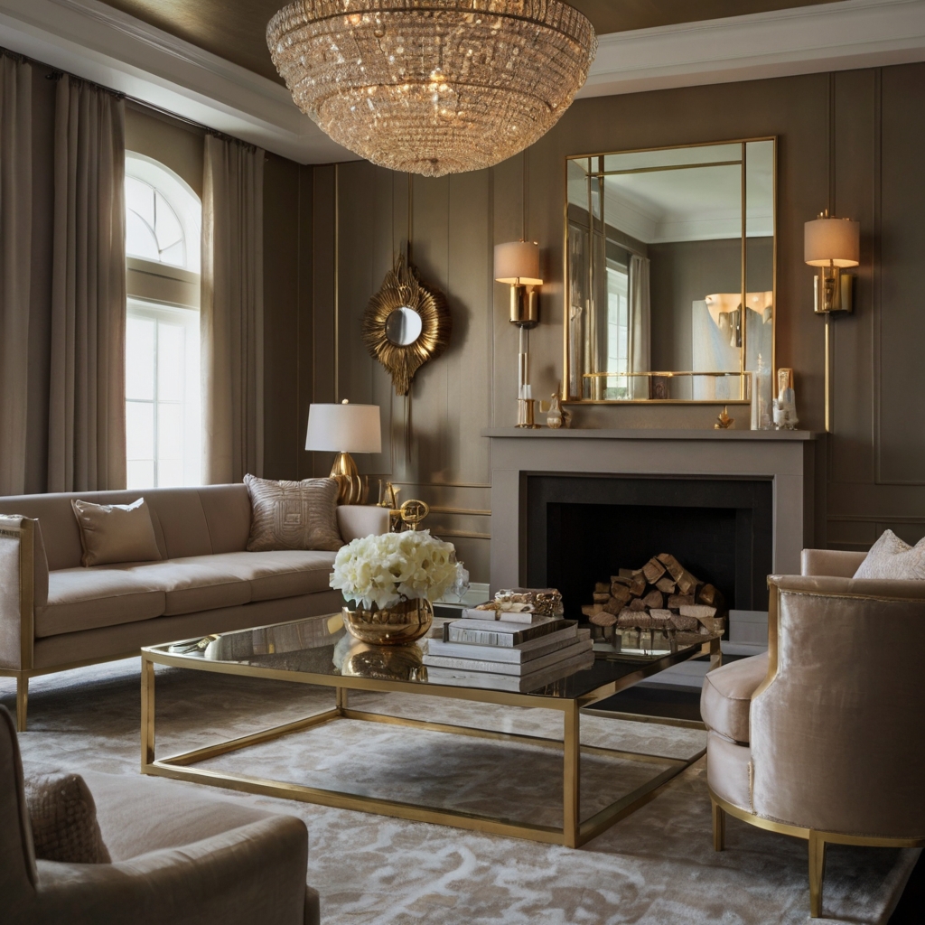 Soft gold and brushed bronze accents add understated glamour to the room. Gentle lighting enhances their warm, reflective qualities.