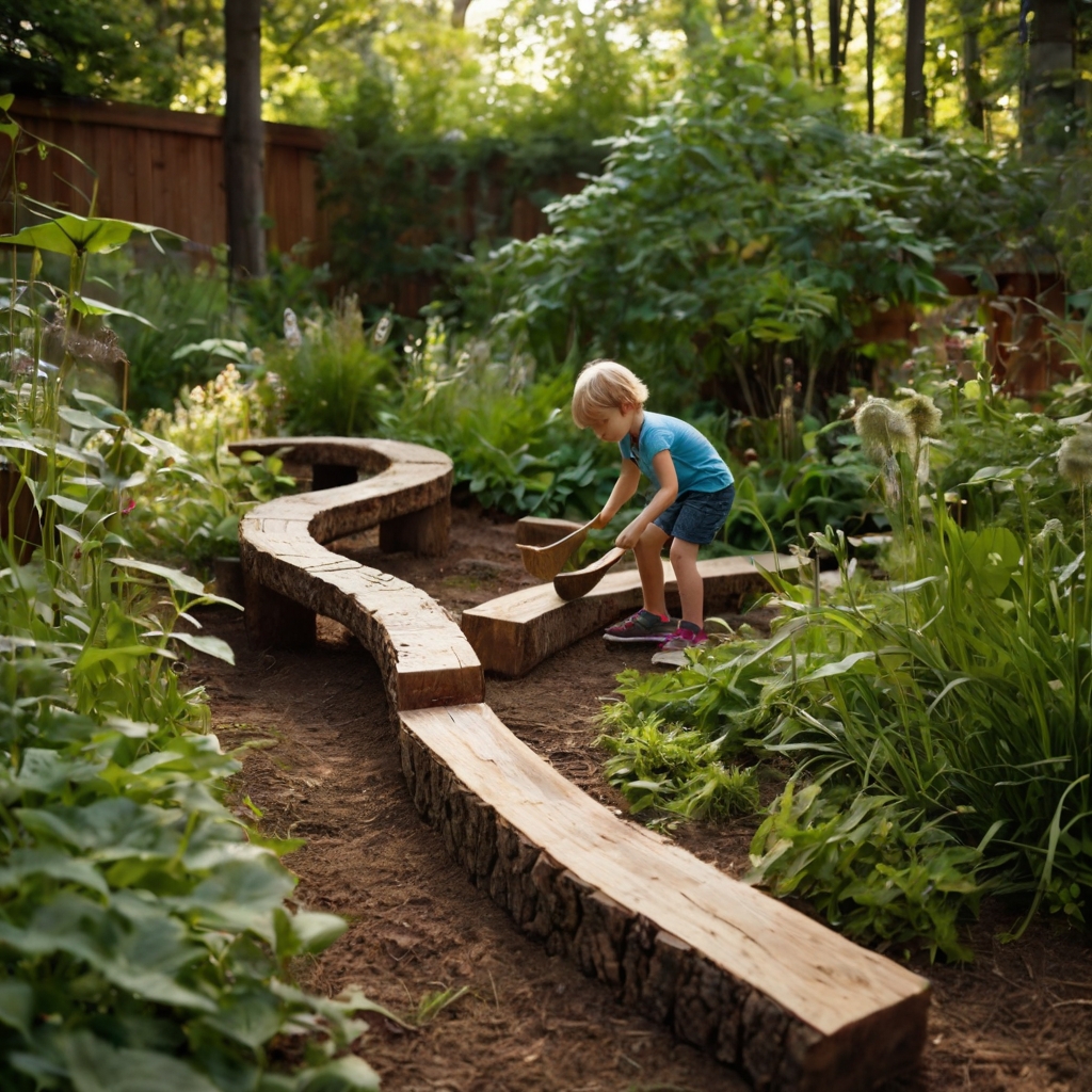 A wooden path winds through trees, leading to bug hotels and stepping stones. Kids connect with nature in a hands-on playground.