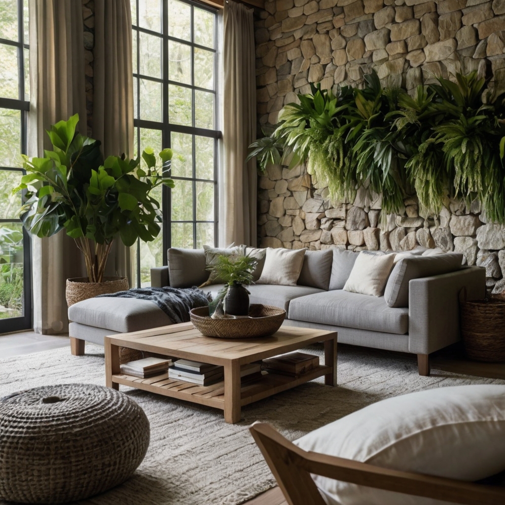 A grey couch sits among lush greenery, with stone and wood elements. Natural light enhances the earthy, tranquil atmosphere.