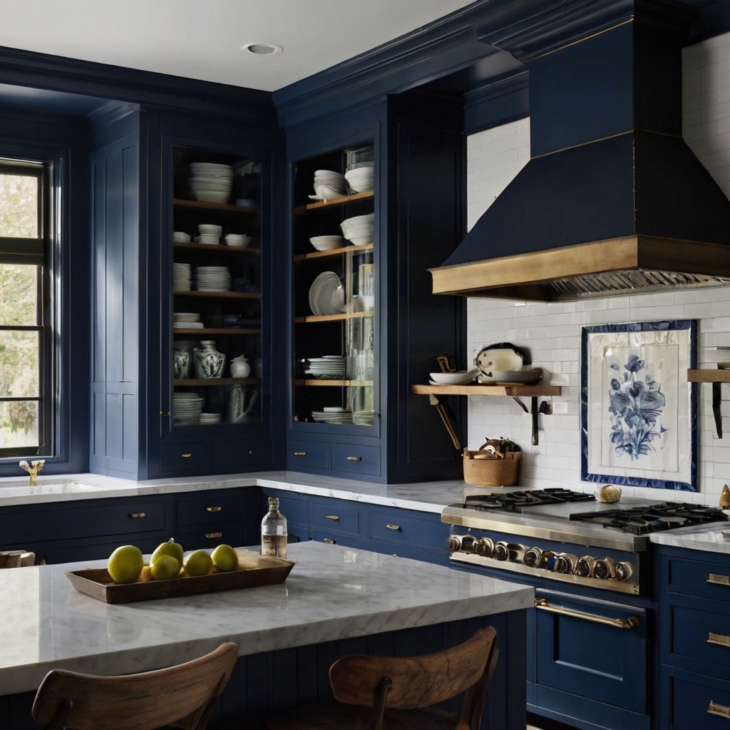 Add depth to your kitchen with navy blue trimming. Its bold contrast against neutral walls and rustic wood accents creates a refined, sophisticated look.