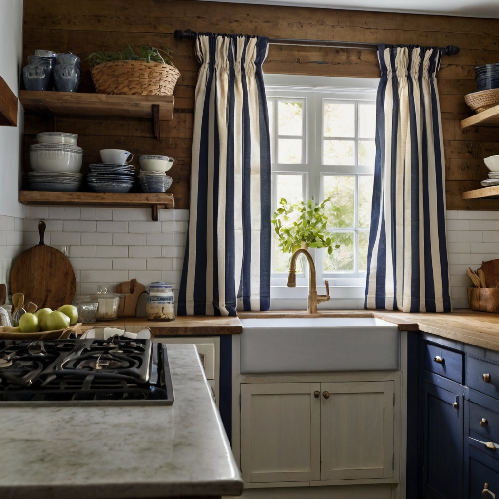 Add classic contrast to your kitchen with navy and white striped linen curtains. They soften natural light while balancing rustic, farmhouse elements.