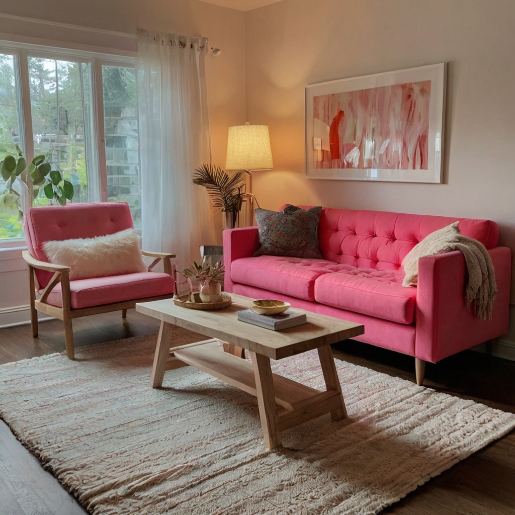 A hot pink couch glows under vibrant neon lights. Sleek modern furniture enhances the futuristic vibe.