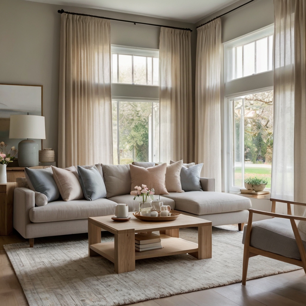 A serene apartment with beige walls, a light gray sofa, and pastel cushions. Natural light enhances the airy and calming ambiance.