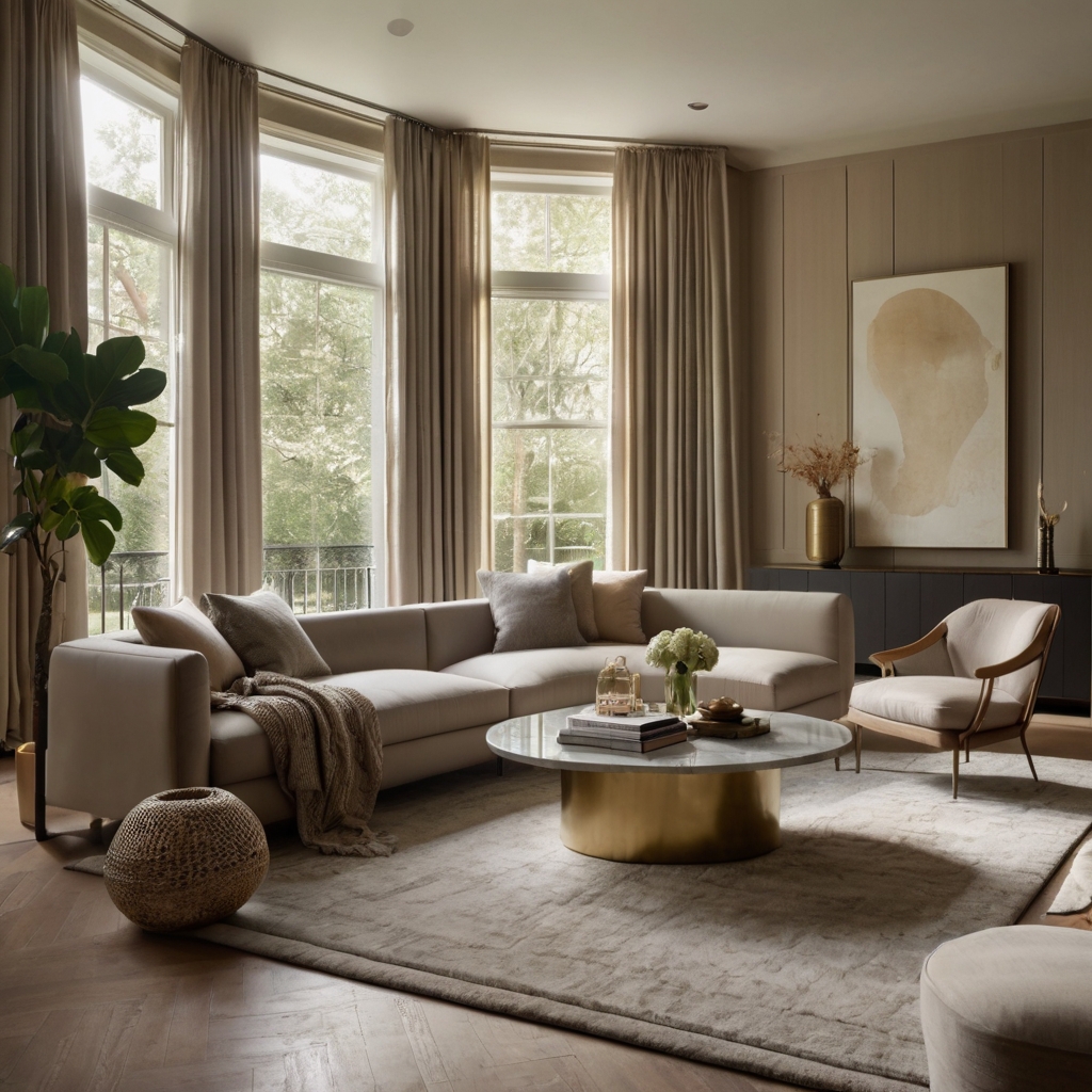 A serene living room in soft beige and taupe radiates calm sophistication. Sheer curtains filter sunlight, enhancing the cozy, elegant ambiance.