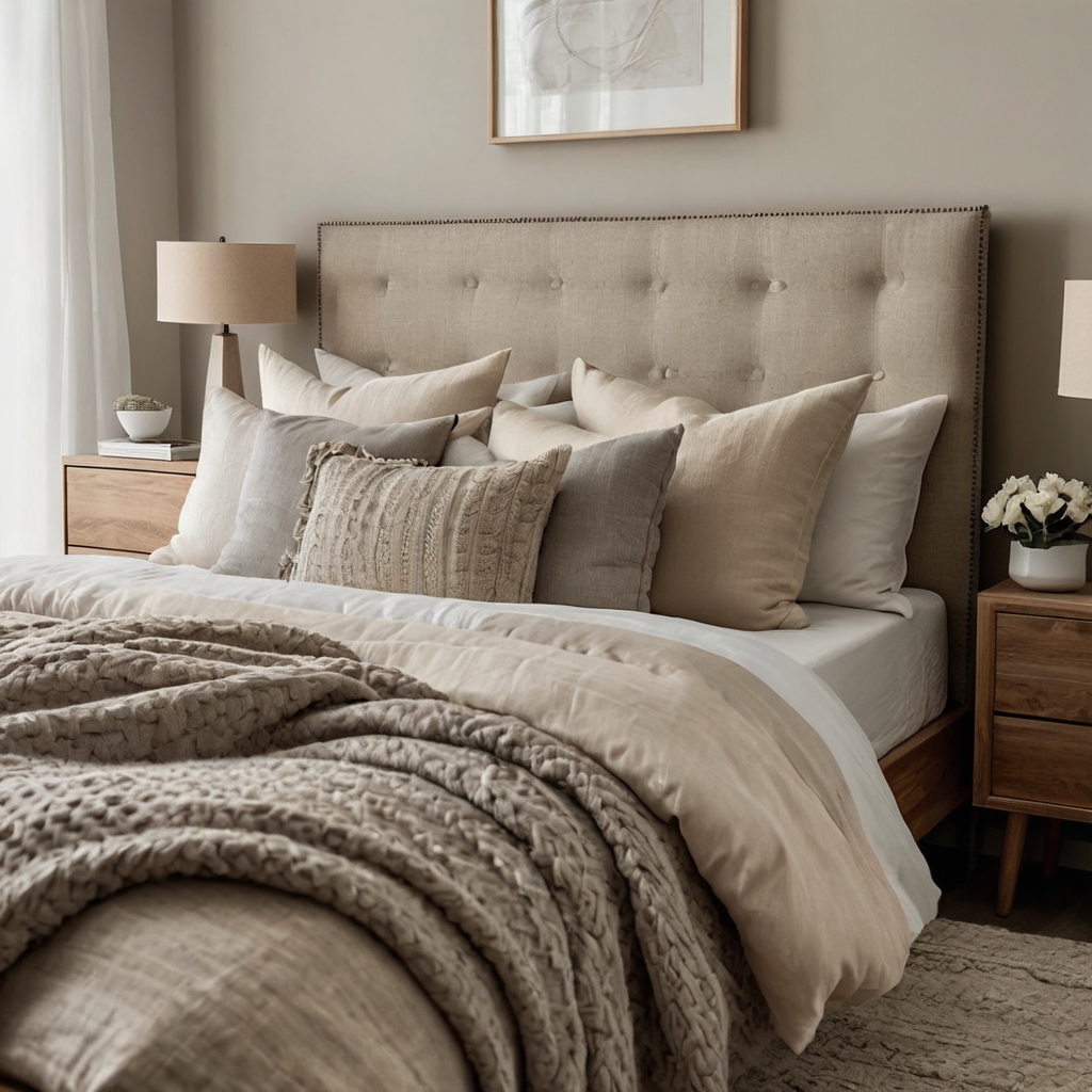 A serene bedroom with neutral hues, minimal decor, and layered soft textures.