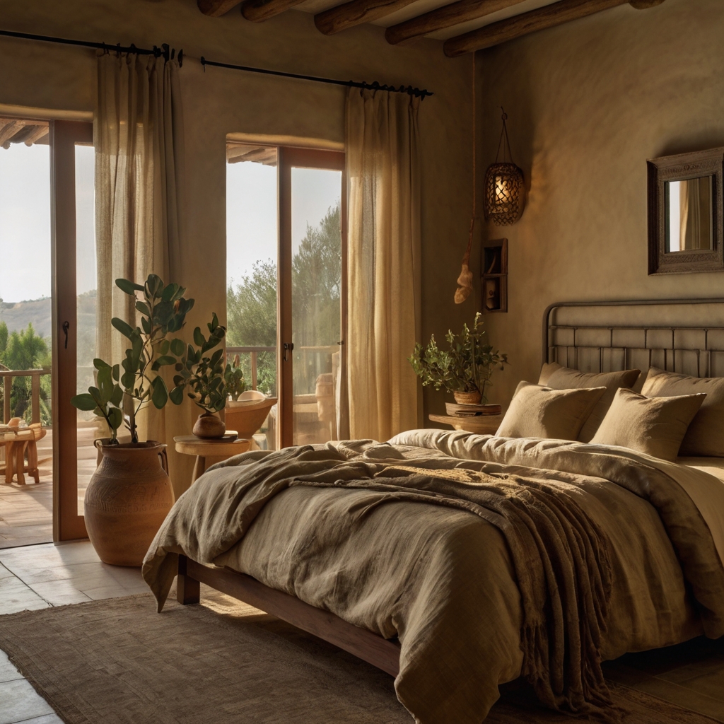 A Mediterranean-inspired bedroom with olive green tones and rustic pottery. Soft linen drapes and warm lighting create a peaceful, sunset-like atmosphere.