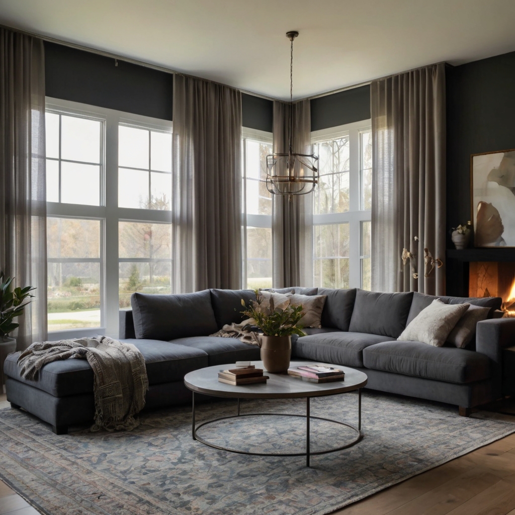 A dark grey couch blends seamlessly into a bright, open-concept space. Soft textures and sunlight make it feel warm and inviting.