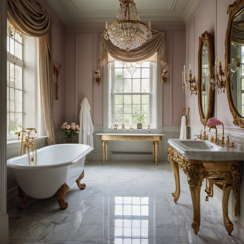 A Victorian bathroom with pastel hues and a crystal chandelier. Antique gold fixtures contrast with muted walls, balancing elegance and spaciousness.