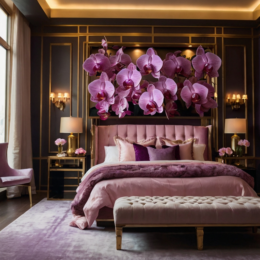 A romantic bedroom adorned with pink and purple orchids and elegant fabrics. Soft lighting enhances the serene, luxurious vibe of the space.