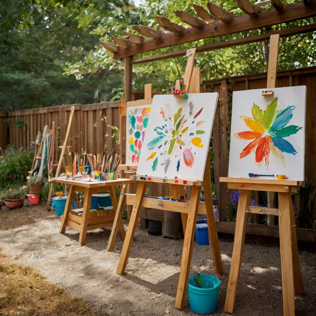 A backyard art space with wooden easels, paintbrushes, and clay tables. Kids turn nature into an open-air creative masterpiece.