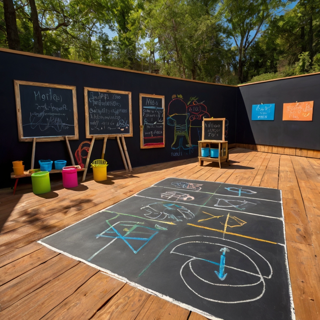 A large chalkboard wall covered in bright, playful drawings. Kids sketch, scribble, and bring their ideas to life outdoors.