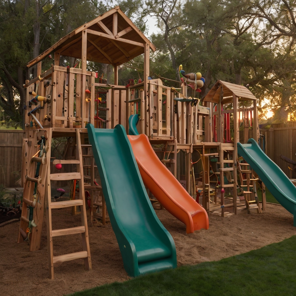 A backyard filled with wooden towers, secret tunnels, and climbing walls. Kids transform their play space into castles and pirate ships.