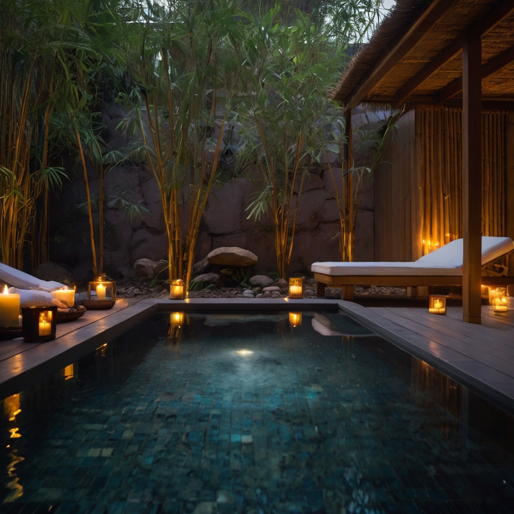 A luxurious open-air spa with a steaming stone hot tub, candlelight, and fragrant essential oils.