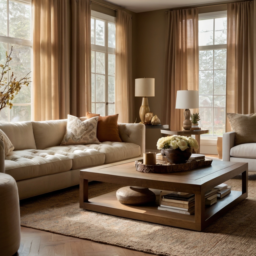 A large wooden coffee table sits at the heart of a modern living space. Decor elements like books and vases add character and charm.