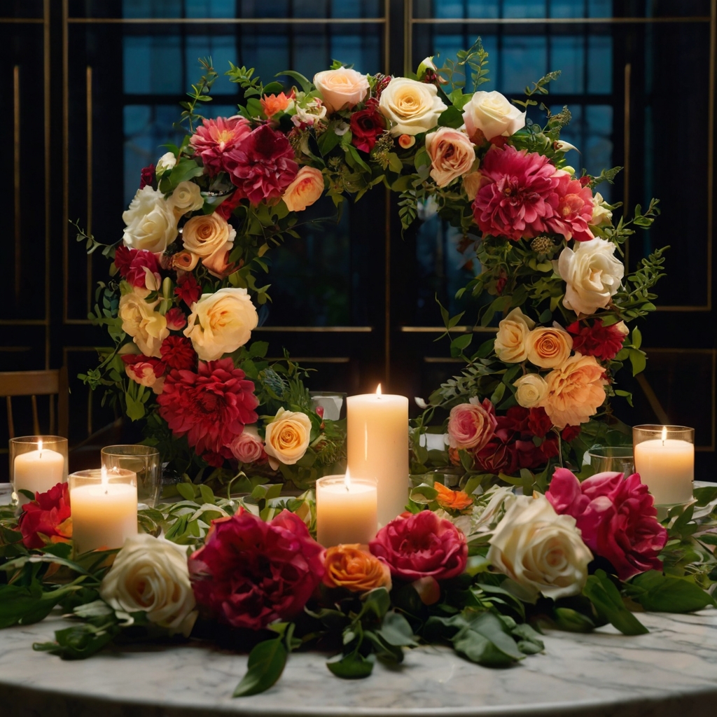 A large floral wreath encircles glowing candles on a dining table. The soft lighting enhances its vibrant and elegant presentation.