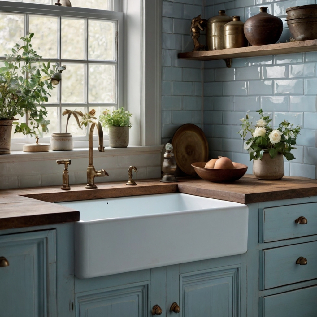 Enhance your kitchen with a pale blue farmhouse sink. Its vintage charm pairs beautifully with rustic stone and brass accents, creating a nostalgic feel.