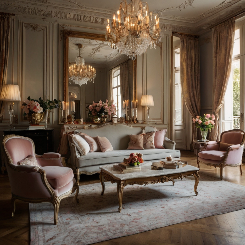 A romantic Parisian-inspired space with intricate molding, vintage mirrors, and soft pastels. An ornate chandelier enhances the elegance.