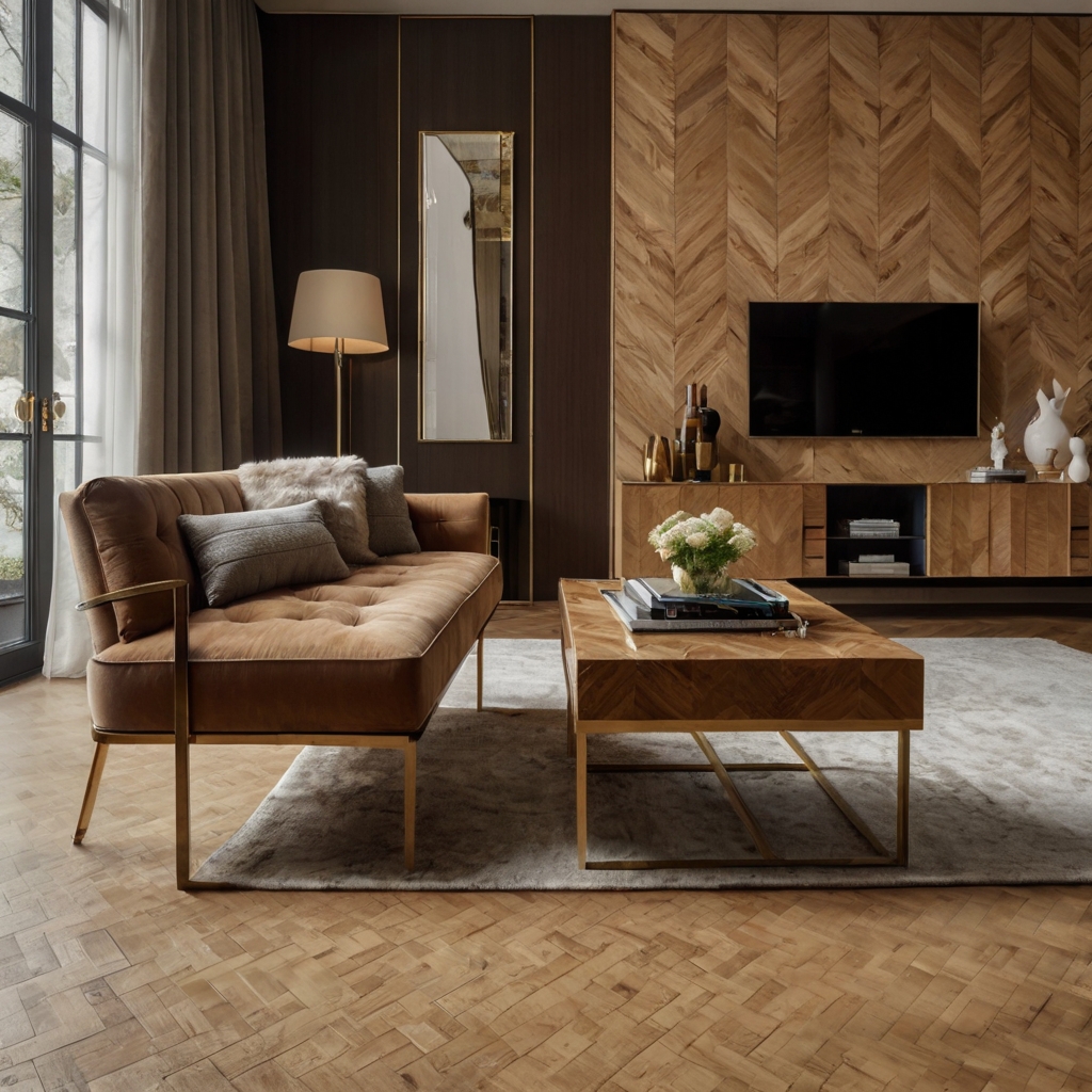 Warm-toned parquet flooring in a herringbone pattern enhances the classic decor. Sunlight accentuates its intricate design, adding timeless elegance.