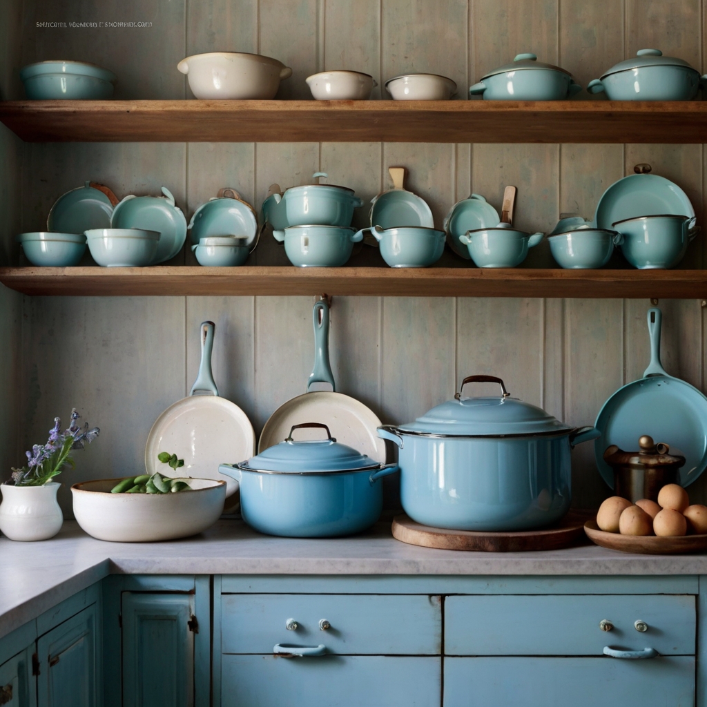 Showcase pastel blue enamel cookware on open shelves for a vintage look. The soft hues and slight wear give the kitchen a timeless, nostalgic appeal.