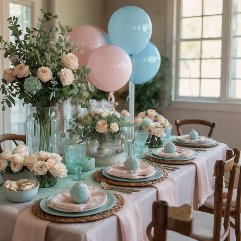 A dreamy table setup featuring blush pink, powder blue, and mint green décor. Soft lighting enhances the cozy ambiance.