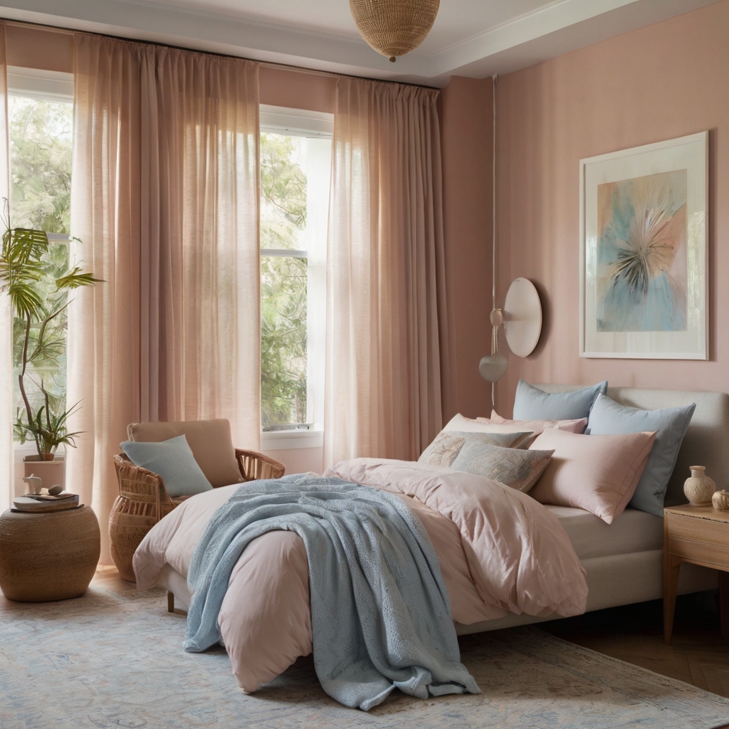 A serene bedroom in pastel hues, featuring soft bedding, airy curtains, and minimalist decor.