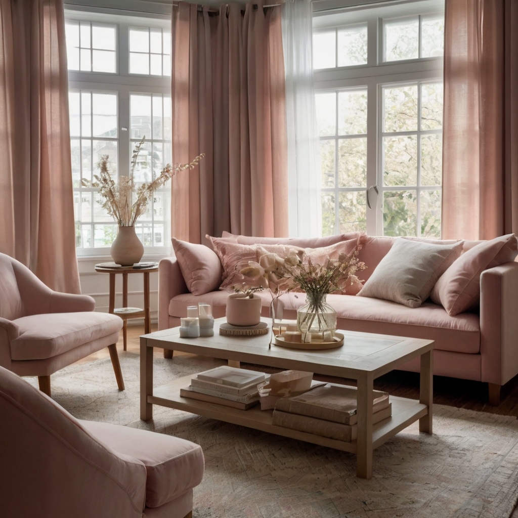 A cozy living room with a blush pink sofa, beige cushions, and a warm ambiance. A white coffee table with candles and dried flowers adds charm.