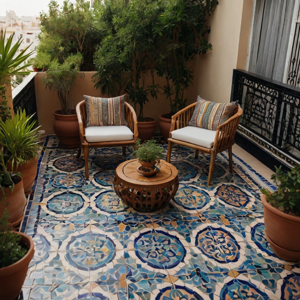 A beautifully designed balcony featuring bold, Moroccan-inspired patterned tiles. The vibrant floor adds personality and complements minimalist furniture.