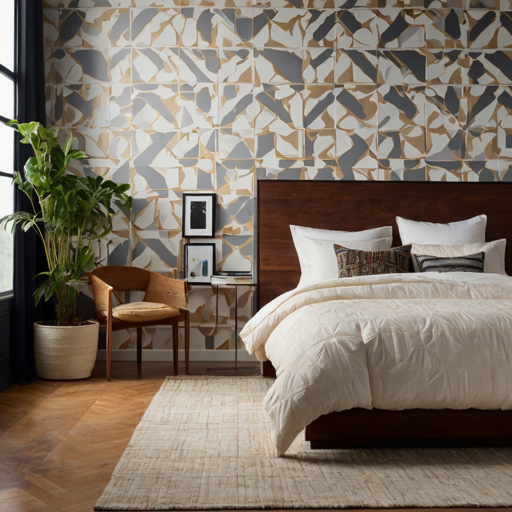A modern bedroom featuring bold geometric peel-and-stick wallpaper, transforming the wall effortlessly. The sleek design enhances the room’s aesthetic with minimal effort.