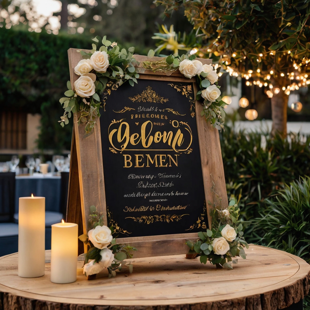 A custom acrylic or chalkboard sign with gold calligraphy, welcoming guests with elegance and charm.