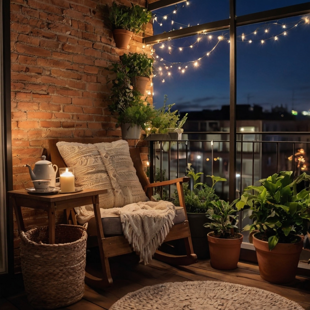 A small balcony transformed into a cozy personal retreat with sentimental decor. A cushioned armchair, fairy lights, and favorite books add warmth and character.