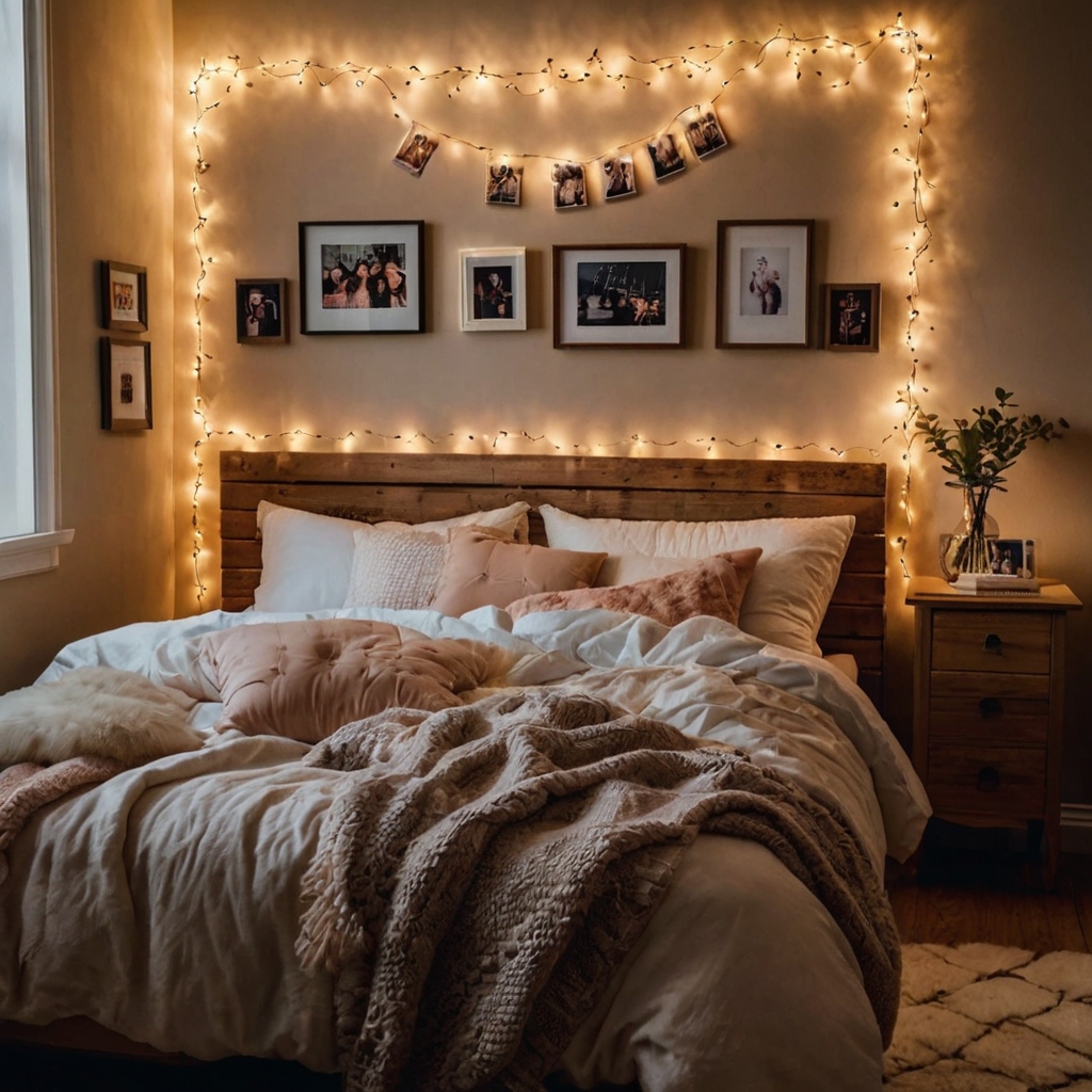 Fairy lights draped around a headboard and walls, adding a magical glow.