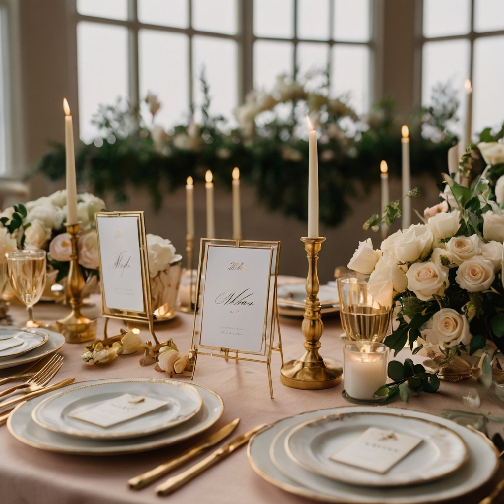 Custom calligraphy name cards displayed on mini gold easels, adding a refined and personal touch to the table setting.