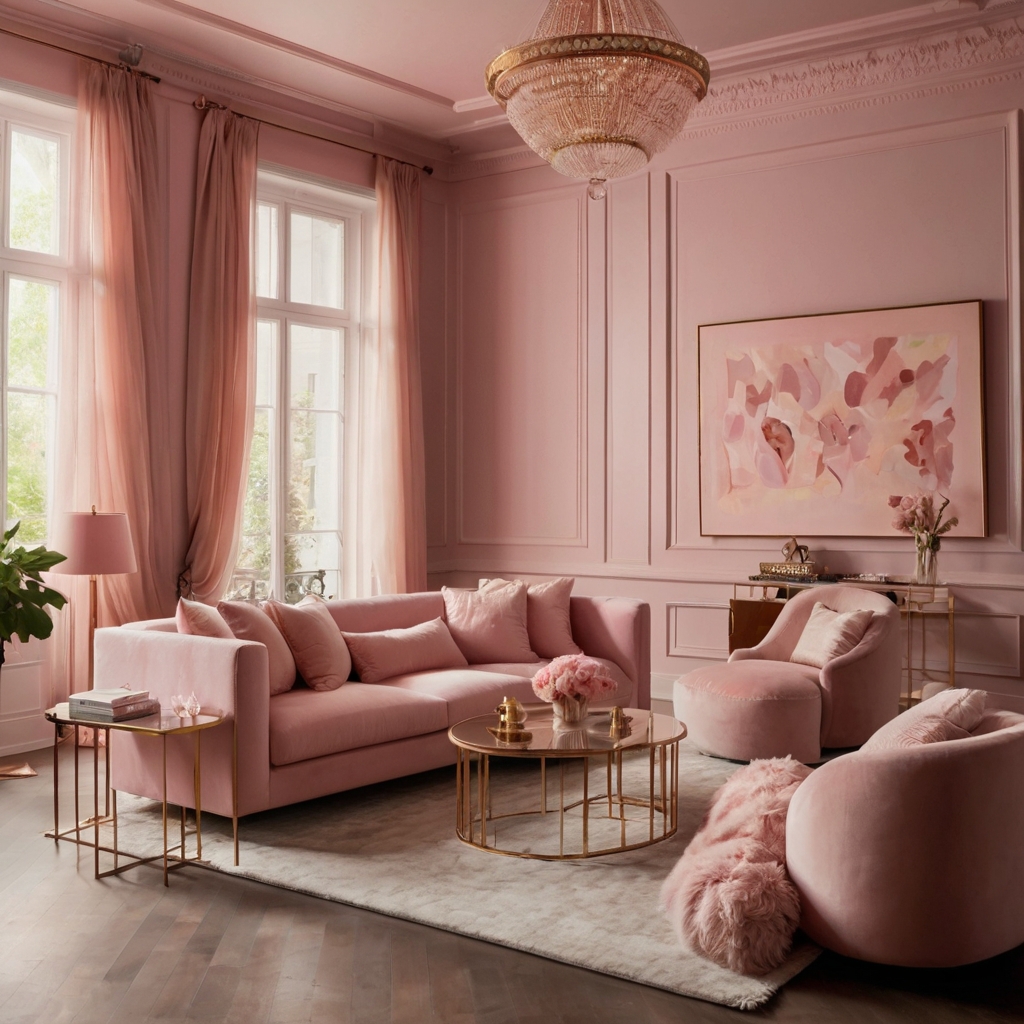 A chic monochromatic pink room with a soft blush couch and rose-gold accents. Dreamy lighting enhances the layered pink tones.