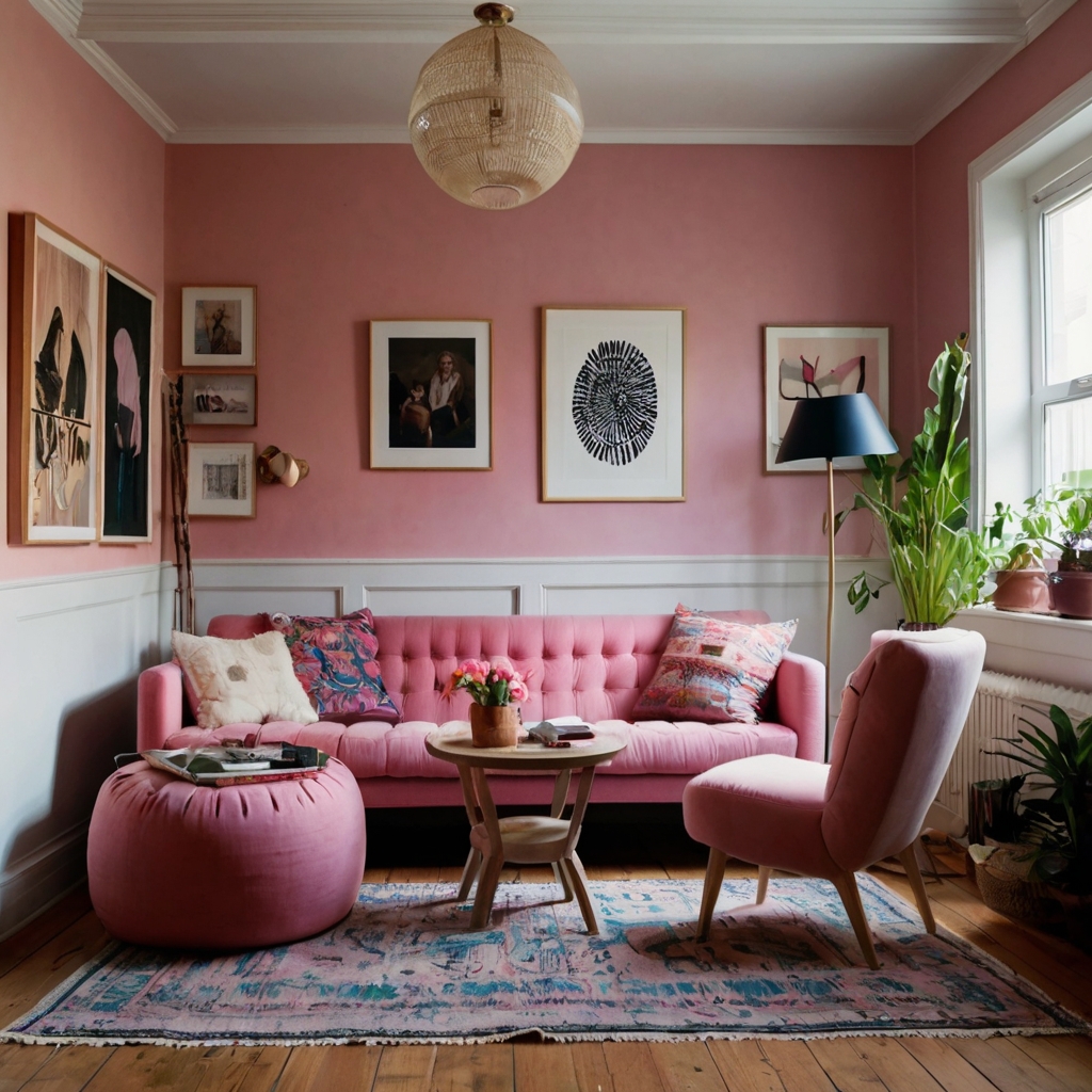 A vibrant pink couch with DIY decor and thrifted accents. Natural lighting creates an eclectic, cozy vibe.